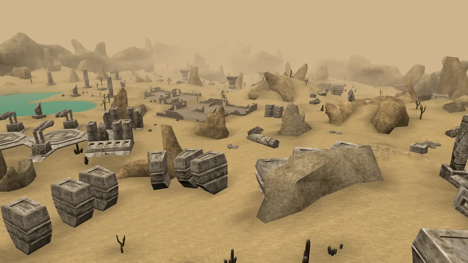 Oásis, ruínas e areia no deserto